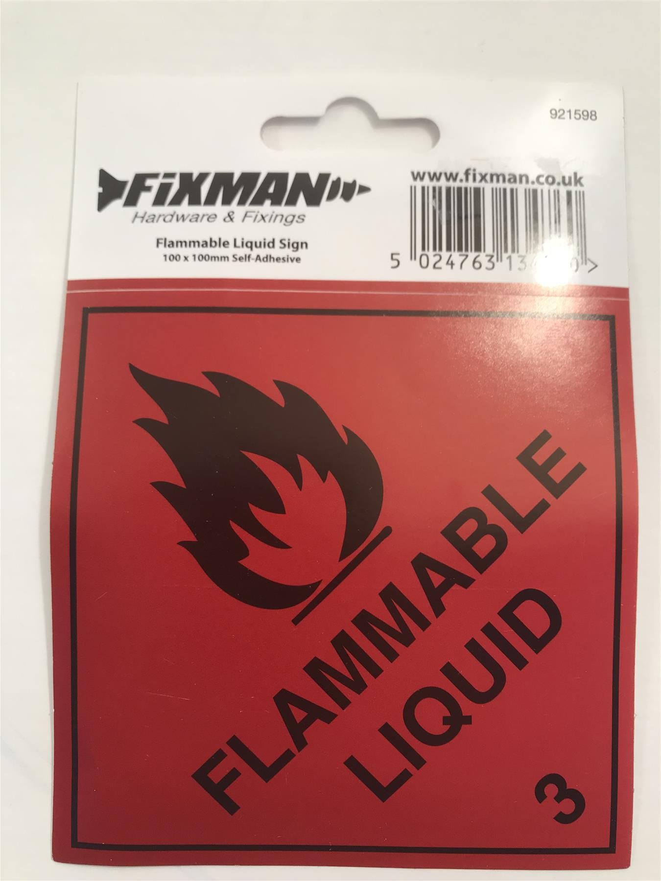 Fixman 921598 Self-Adhesive Flammable Liquid 3  Sign 100 x 100mm