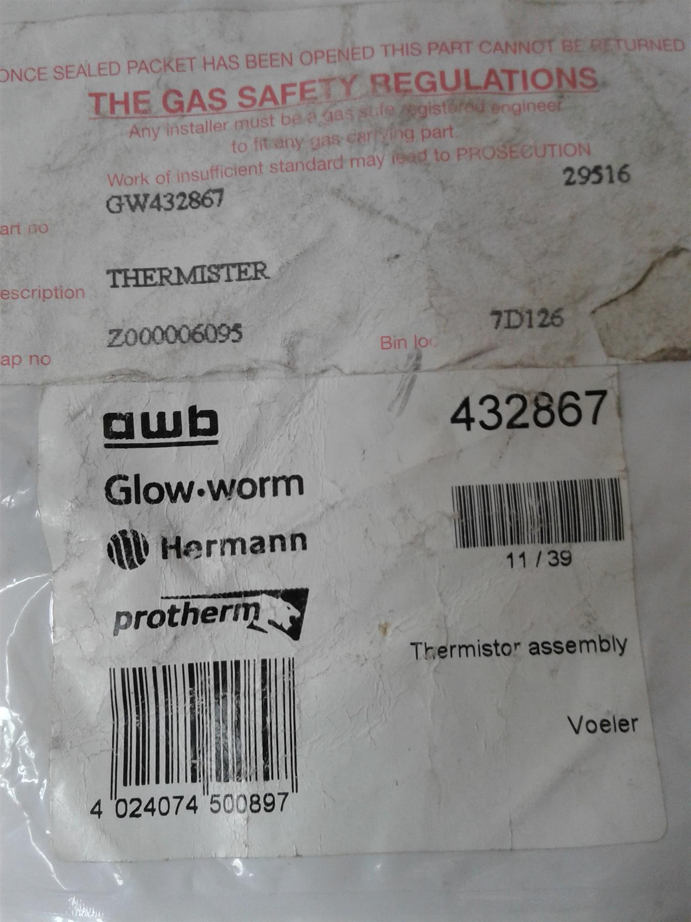 NEW Glowworm Swiftflow EXPRESS  Thermistor ASSEMBLY 432867
