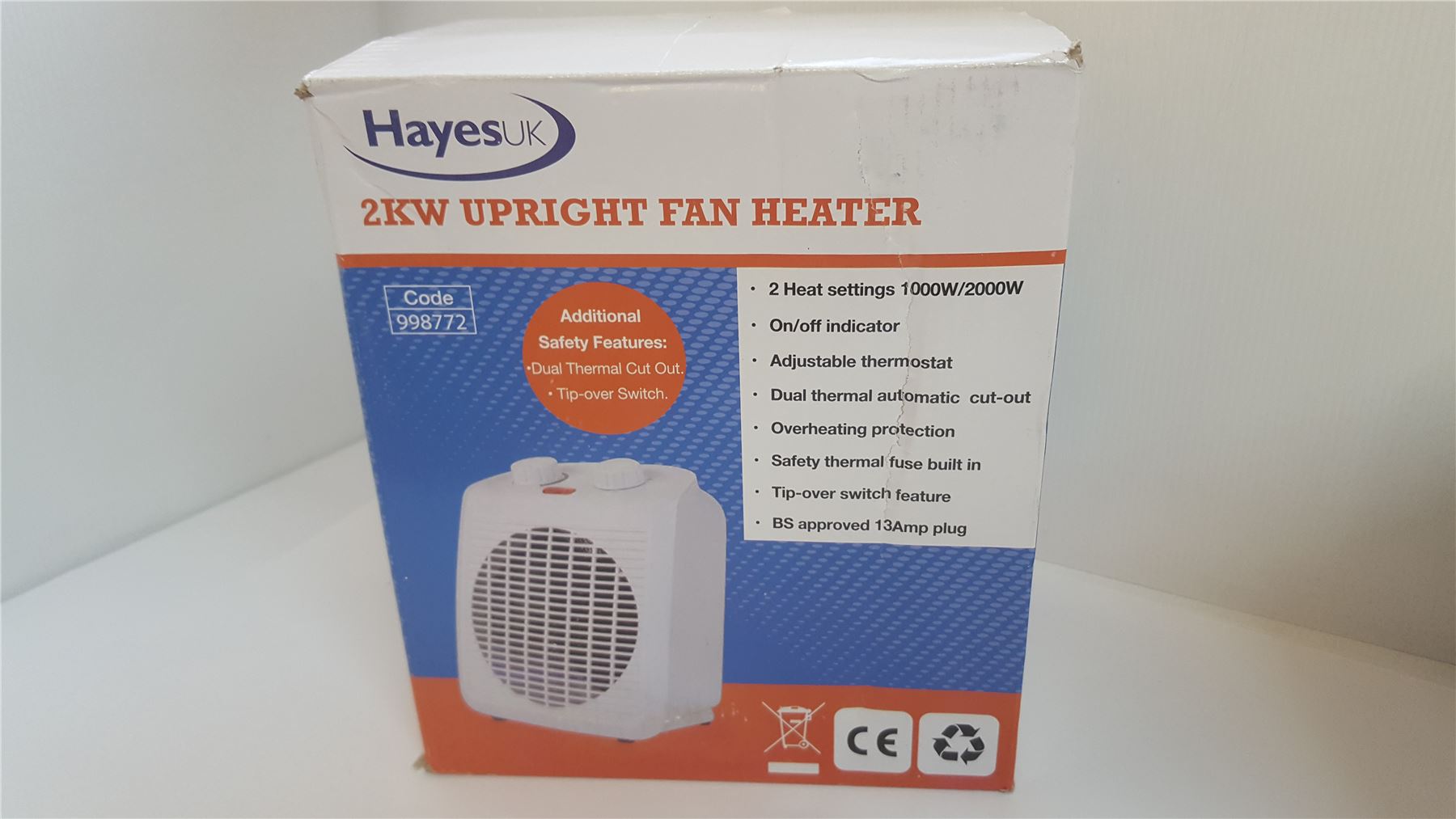 NEW Hayes UK 998772 2kW Upright Electric Fan Heater White