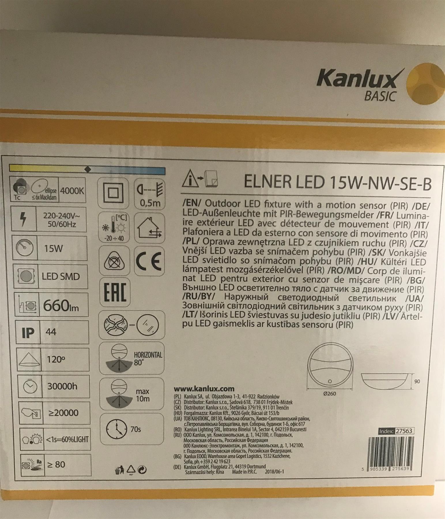 Kanlux ELNER LED 15W-NW-SE-B 660lm Outdoor Motion Sensor Fixture 27563