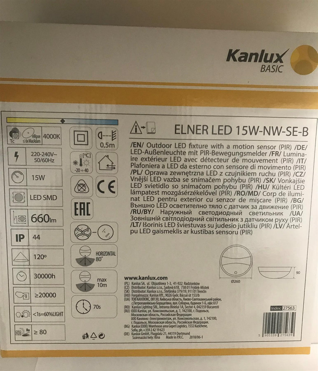 Kanlux ELNER LED 15W-NW-SE-B 660lm Outdoor Motion Sensor Fixture 27563
