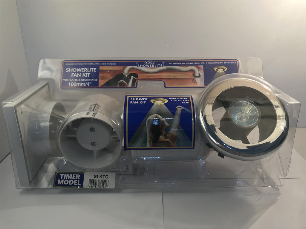 Showerlite Fan Kit Ventilates & Illuminates 100mm/4" White/Chrome + Timer