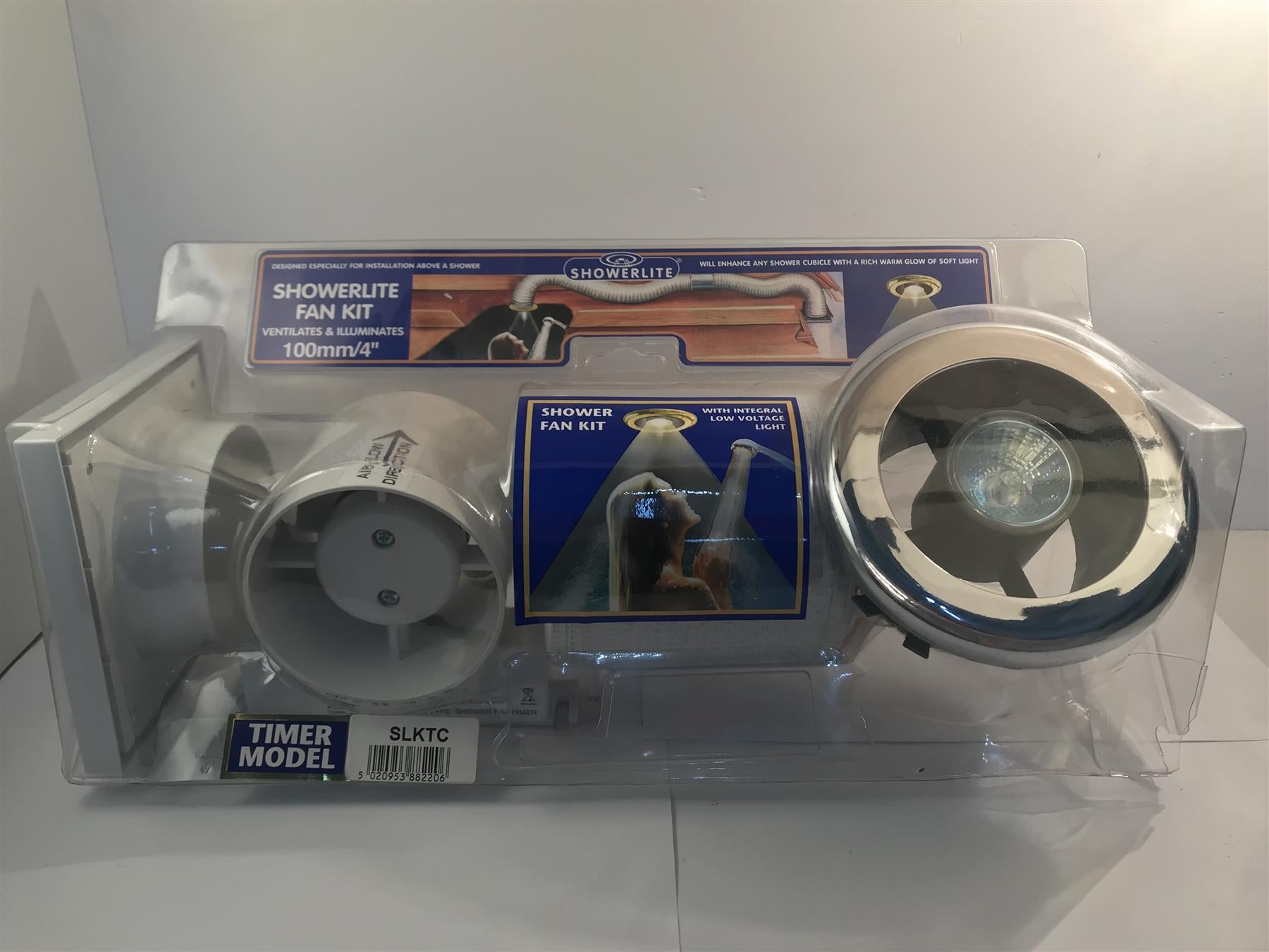 Showerlite Fan Kit Ventilates & Illuminates 100mm/4" White/Chrome + Timer