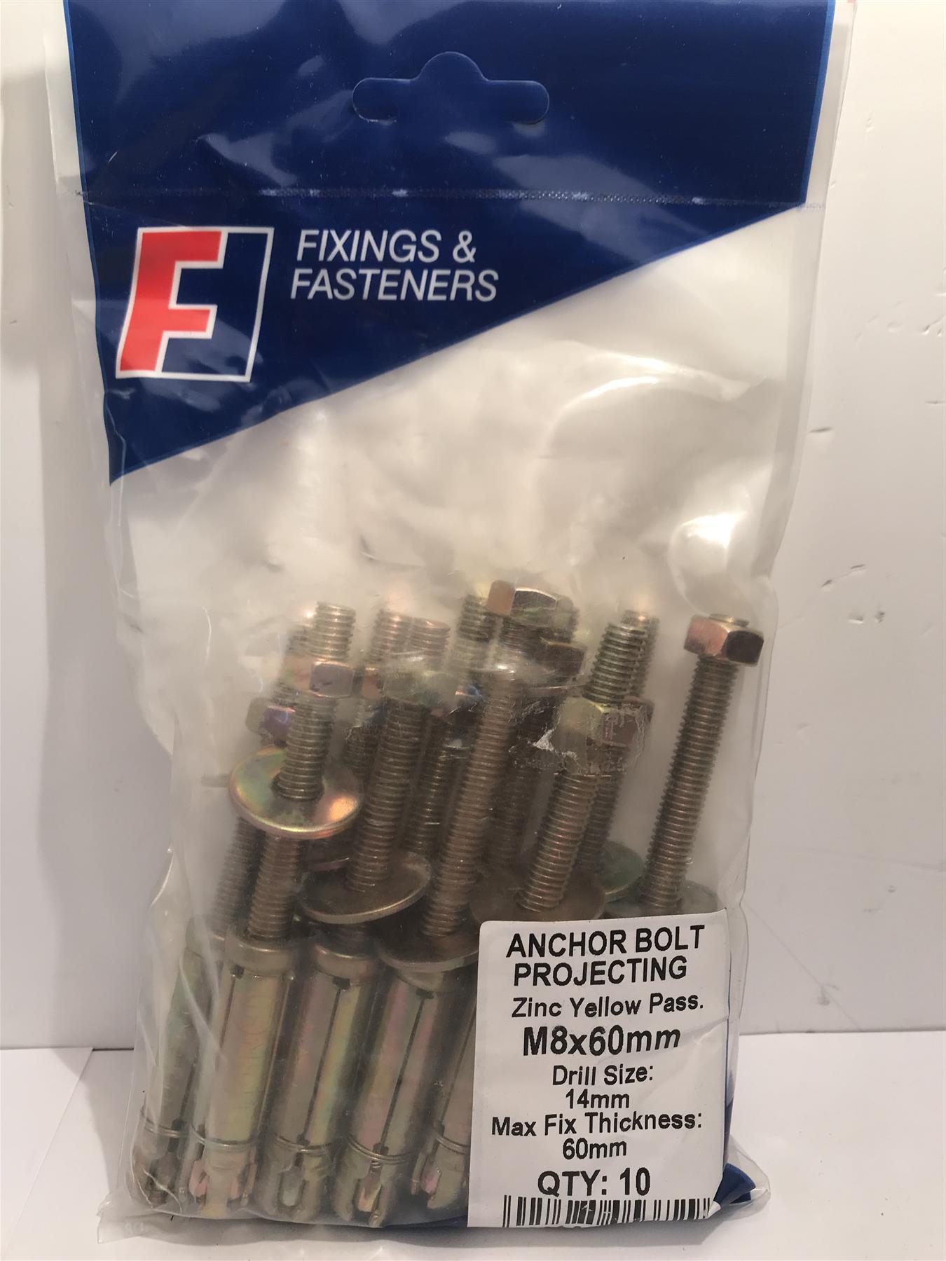 Masonry Anchor Bolt Projecting Zinc Yellow M8 x 60mm Bag 10   10PB860