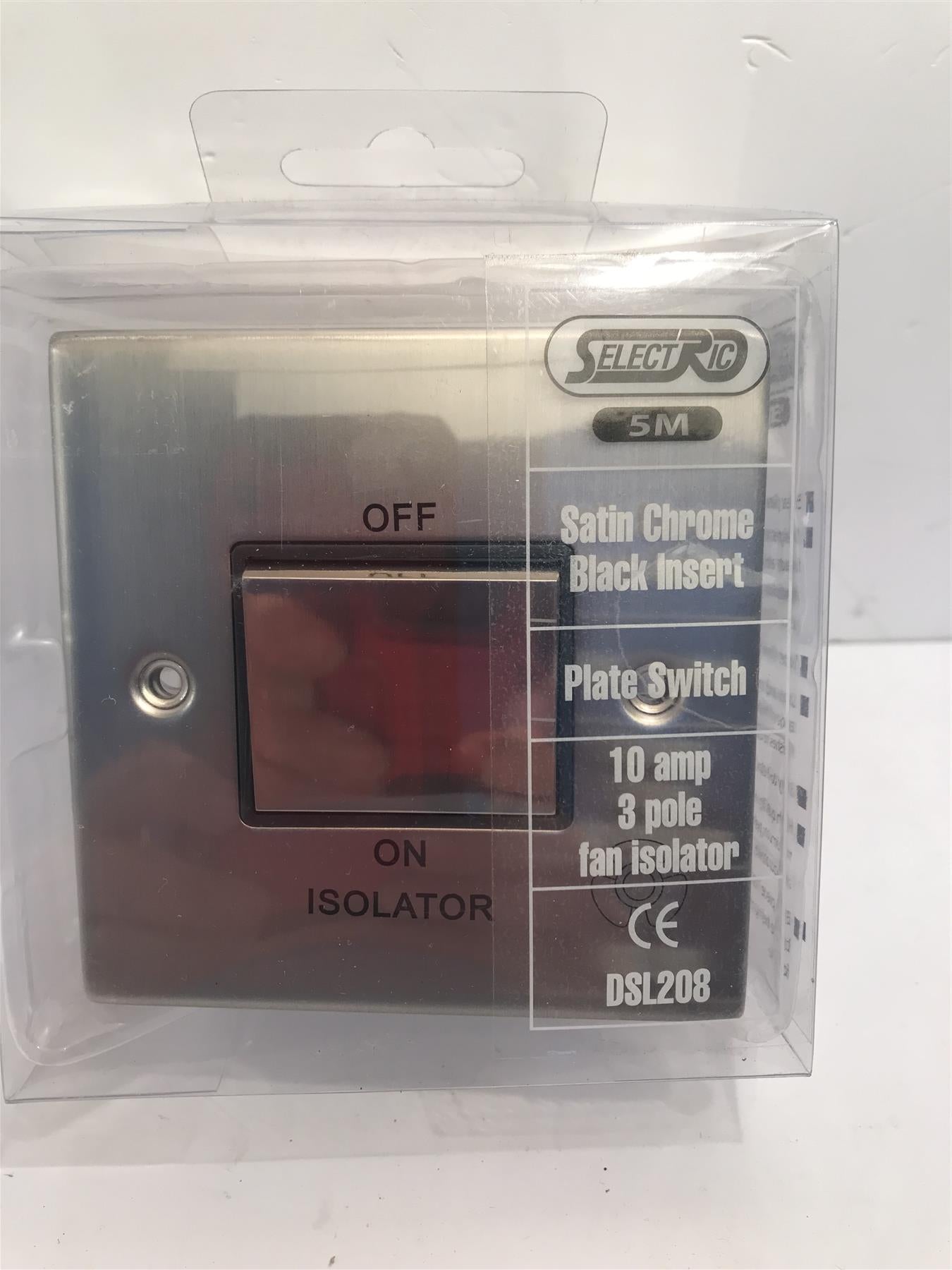 Satin Chrome Black Insert plate Switch 10A 3 Pole Fan Isolator DSL208