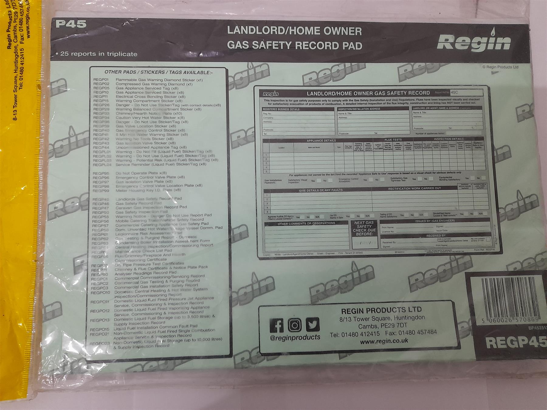 REGIN REGP45 Landlord/Home Owner Gas Safety Record Pad