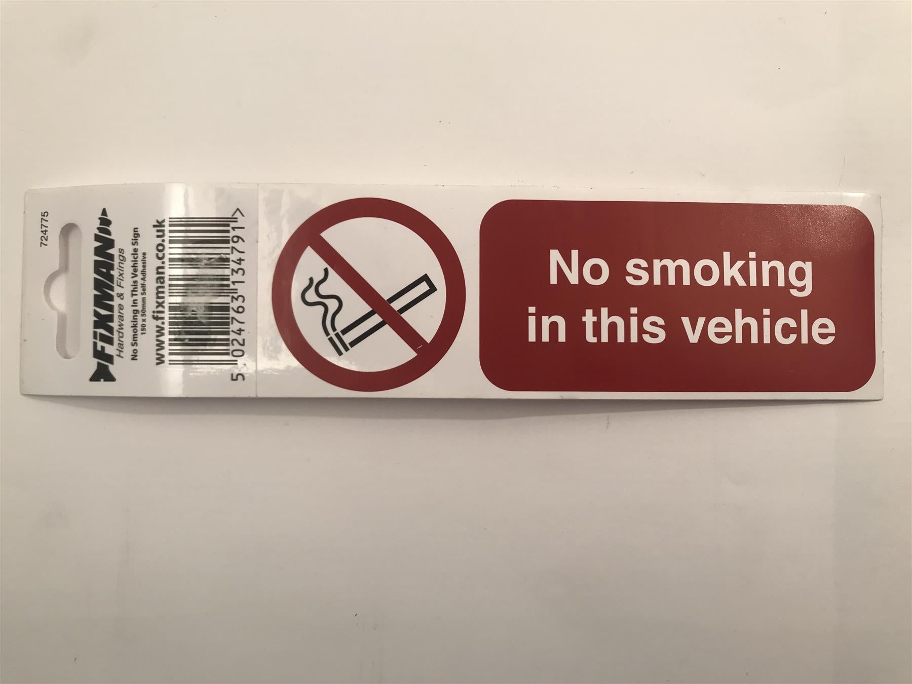 Fixman 724775 Self-Adhesive No Smoking In This Vehicle Sign 150 x 50mm