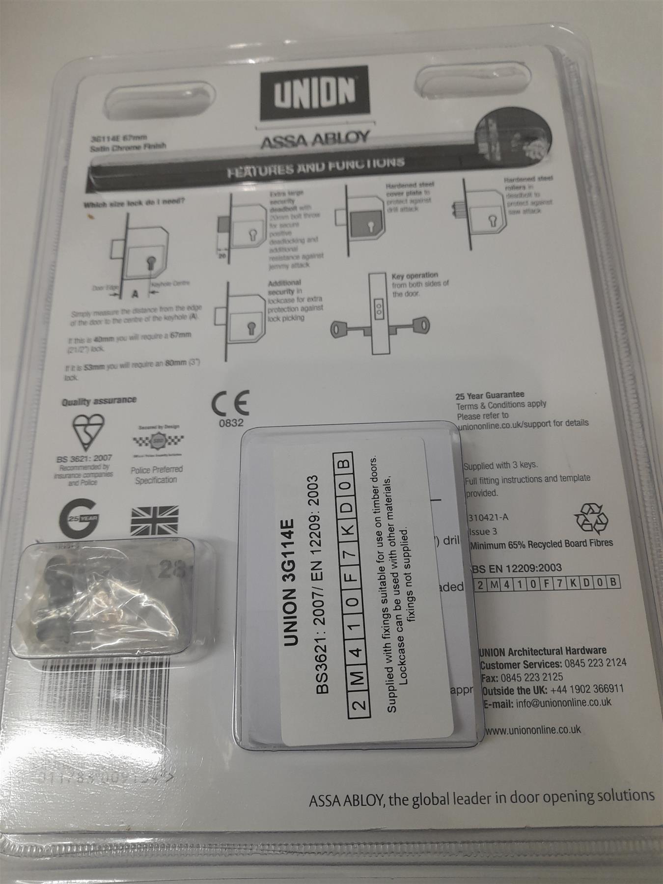 UNION 3G114E 5 Lever Mortice Deadlock C Series 67mm 2.5in Satin Chrome