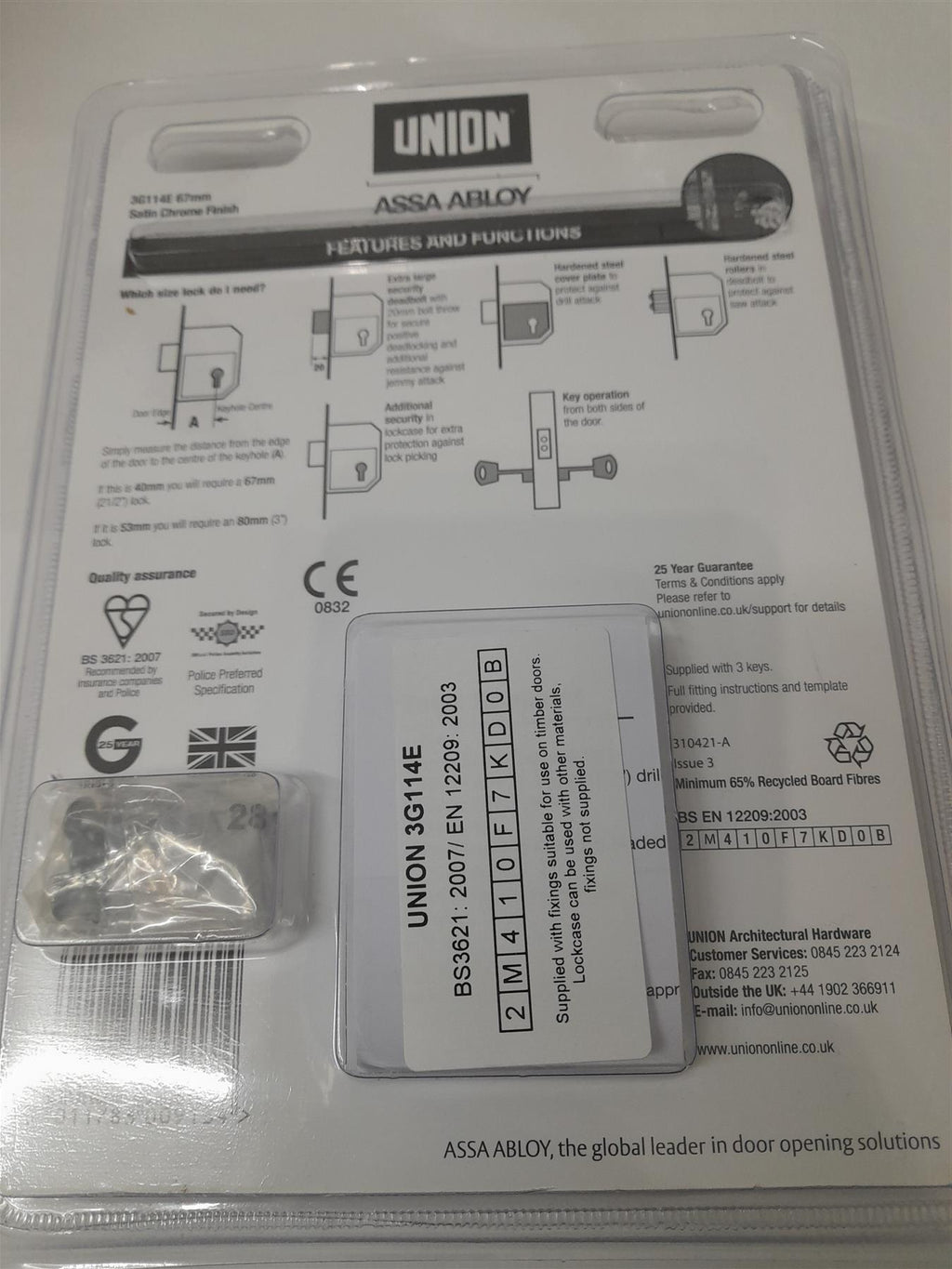 UNION 3G114E 5 Lever Mortice Deadlock C Series 67mm 2.5in Satin Chrome