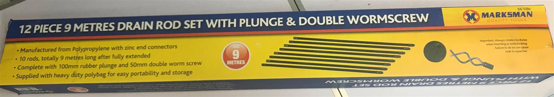 Marksman 12pc 9 Metres Drain Rod Set with Plunge & Double Wormscrew 66108C