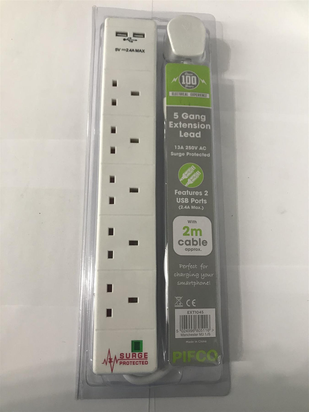 Pifco 2m 5 Gang Extension Lead with 2 USB Ports  EXT1045