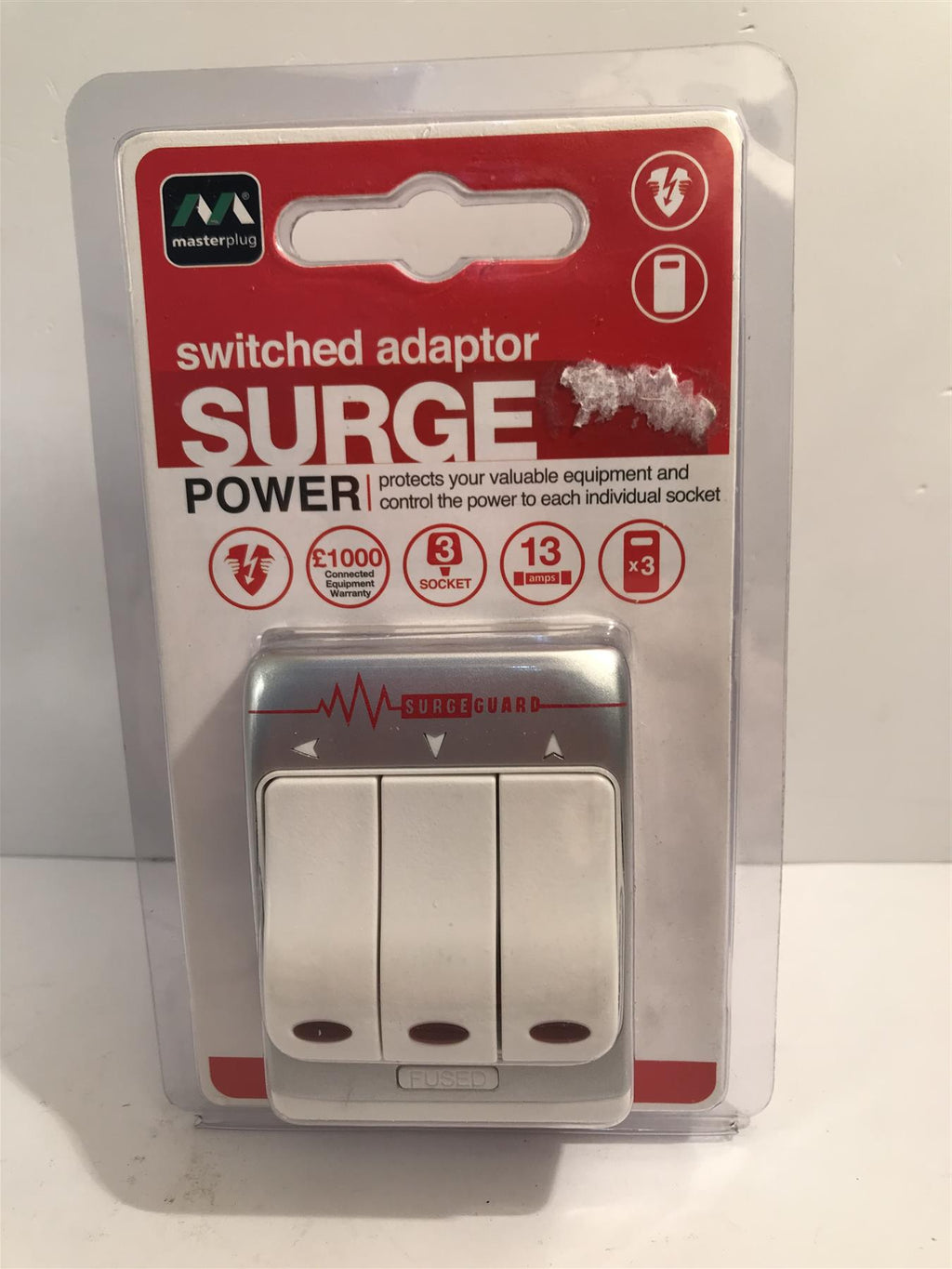 Masterplug Surge Protected 3 Socket Plug Adapter MSWRG3-MP