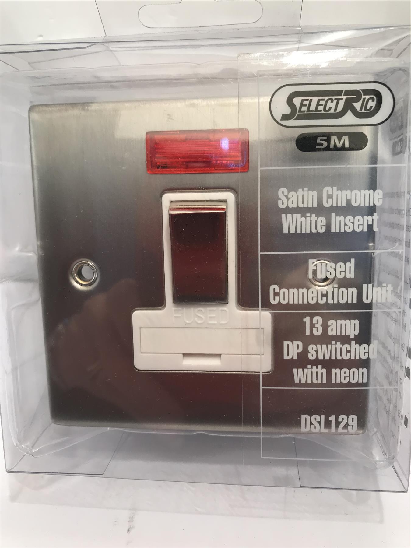 13 amp Satin Chrome White Insert Fused Connection Unit DP Switch Neon DSL129