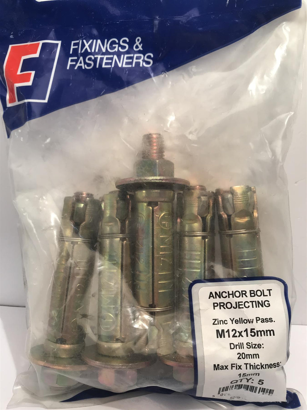 Masonry Anchor Bolt Projecting Zinc Yellow Pass M12 x 15mm  5PB1215