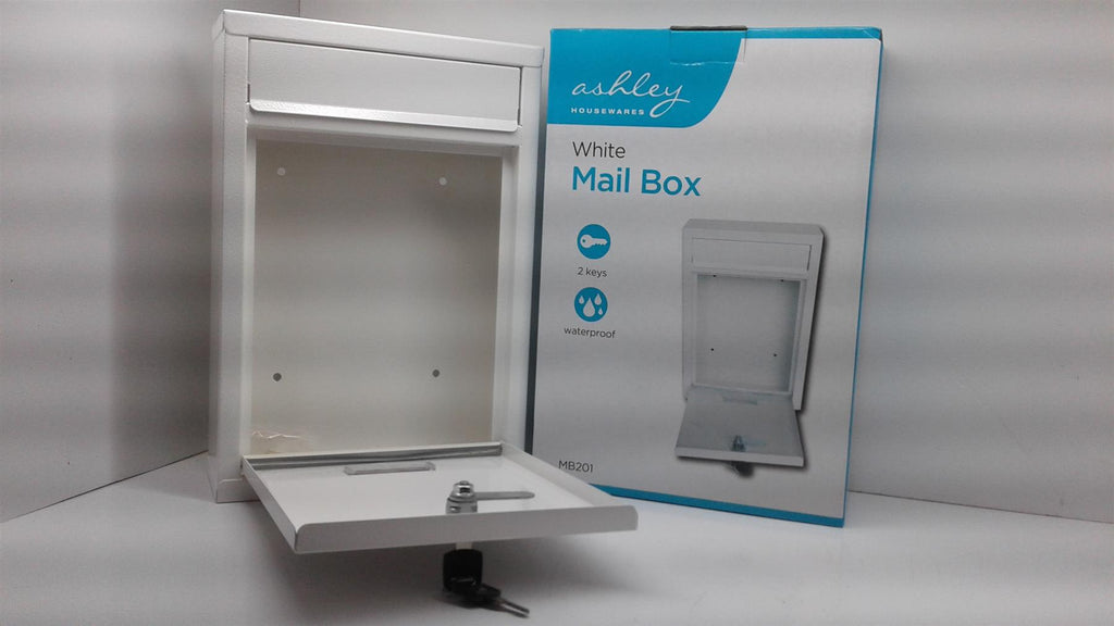 New Ashley White Mail Box Heavy Duty Steel Plated Body MB201 2 keys