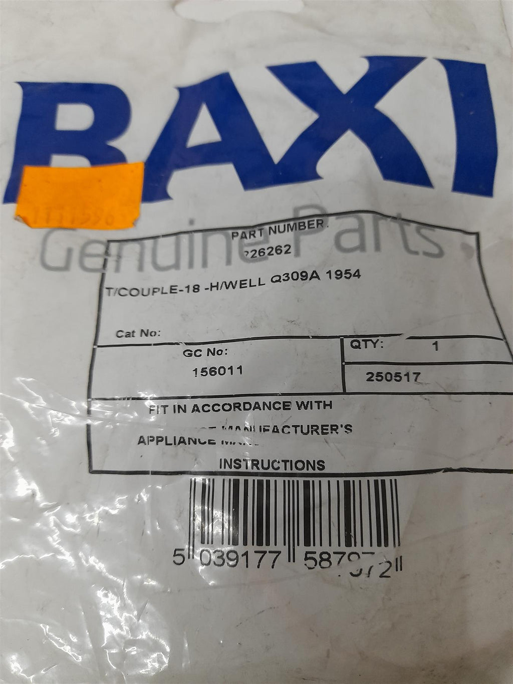 BAXI 226262 T/COUPLE 18 HONEYWELL Q309A 1954
