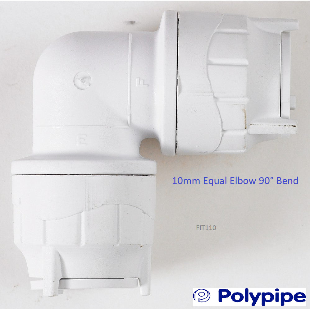 NEW POLYPIPE POLYFIT 10MM EQUAL ELBOW 90° BEND FIT110 WHITE (EACH)