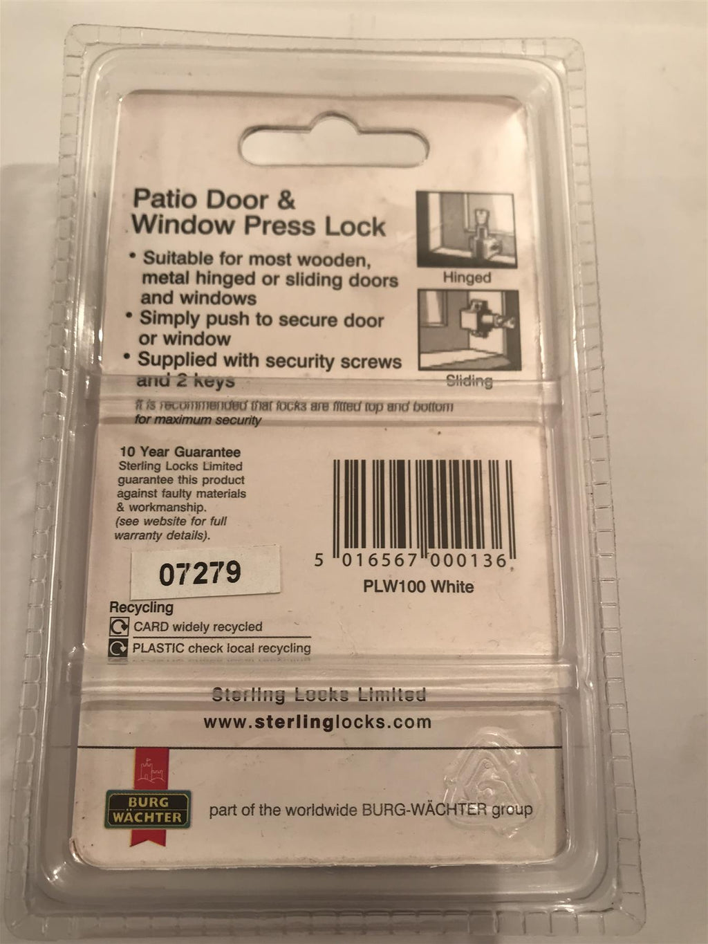Sterling PLW100 Patio Door and Window Lock - White