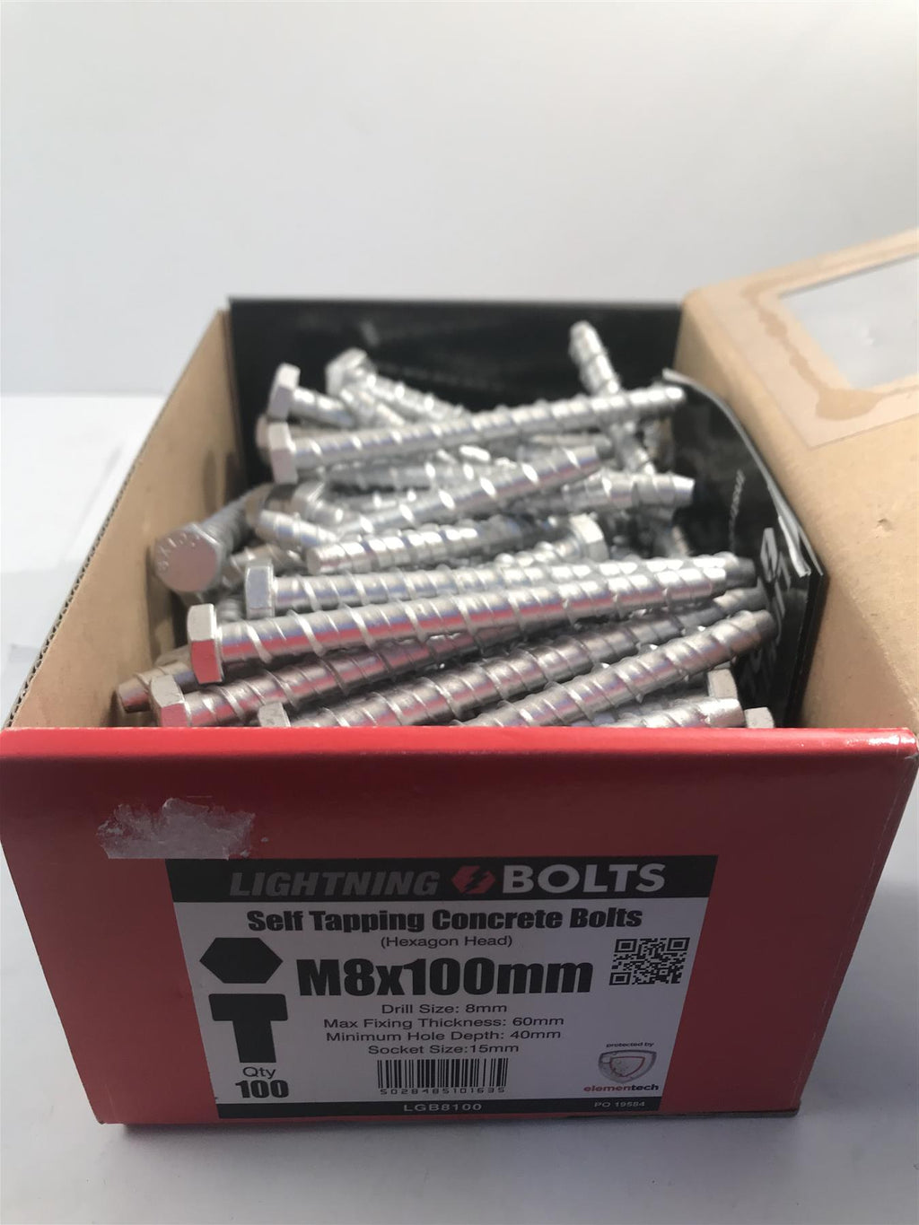 Lightning Bolt - Hex Head M8 x 100mm - Concrete Bolts - Box of 50  LGB8100